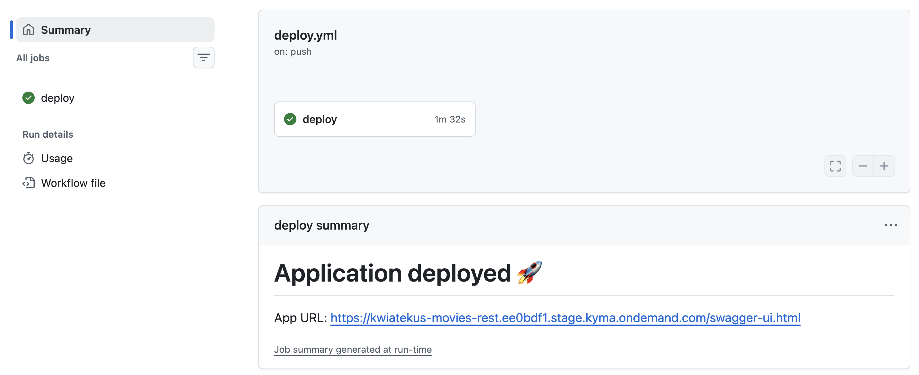 GitHub Actions deploy workflow summary showing a successful deploy job and the application URL